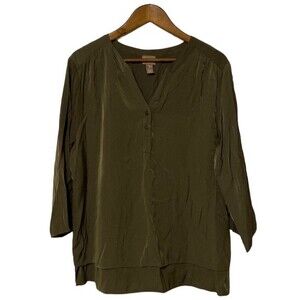 Chico's Layered Split-Back Popover Blouse Green 3 (XL) Lightweight 3/4 Sleeve